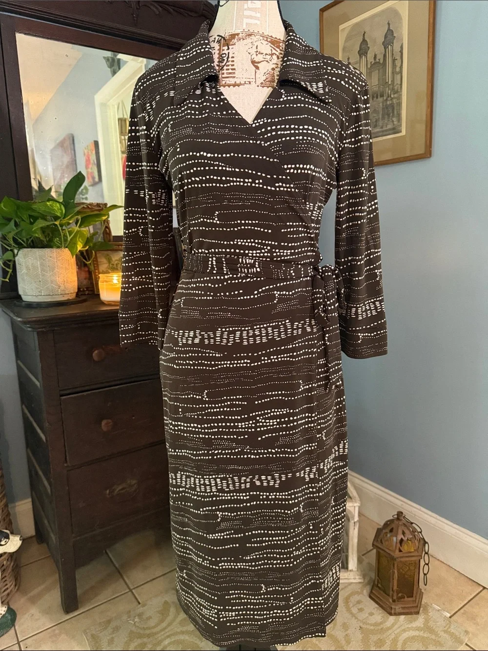 Chapter One Espresso Brown Abstract Dot Faux Wrap Tie Midi Dress Medium
